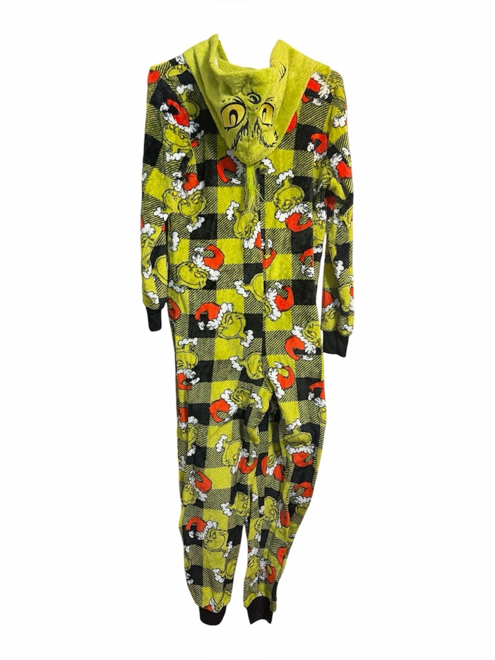 The Grinch Womens Small Plush Hooded Onesie Pajamas Buffalo Plaid Christmas